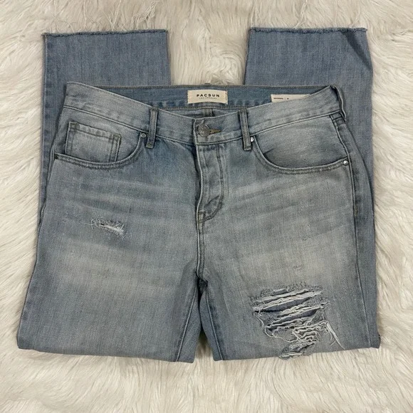 PacSun Boyfriend Jeans Light Wash Distressed Ripped Raw Hem Women's Size 28 - Picture 10 of 10